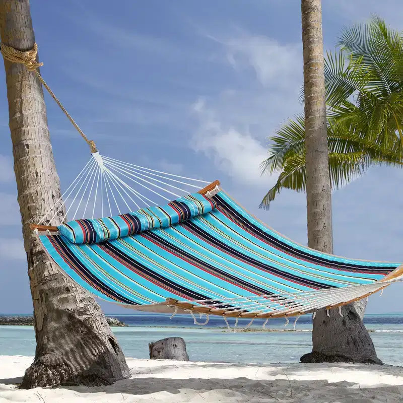 Costway Hammock w/ Pillow Curved Bamboo Spreader Bar Chain Portable Indoor Outdoor Red\Blue