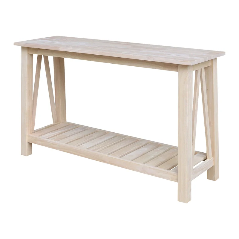 White / Unfinished / Blue Solid Parawood Console Sofa Table with Lower Shelf – Butcher Block Top