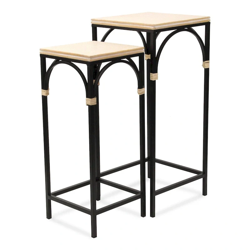 Claudette Set of 2 Rattan Accented Wood & Metal Square Side Tables
