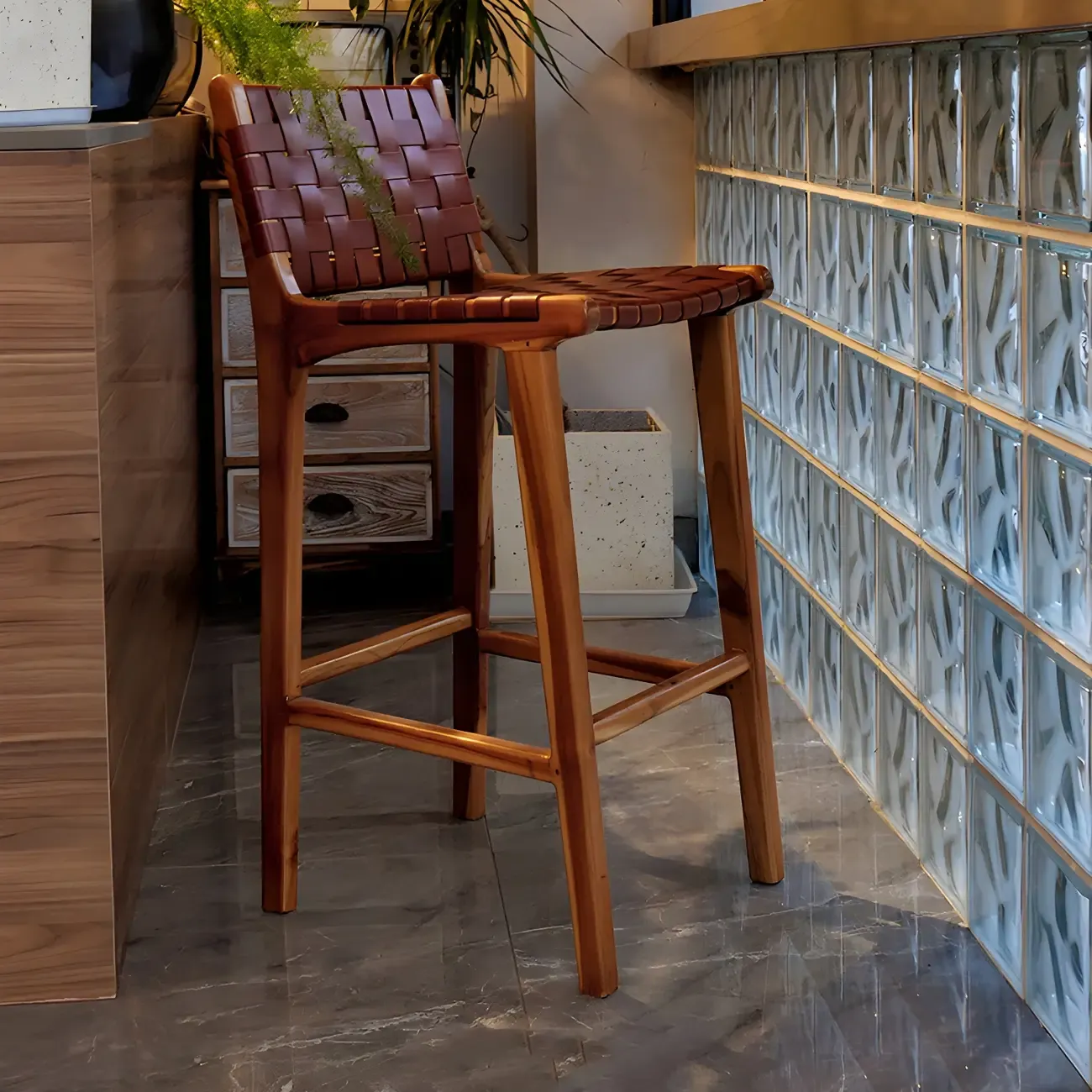 Rustic Reddish Brown Wooden Woven Bar Stool