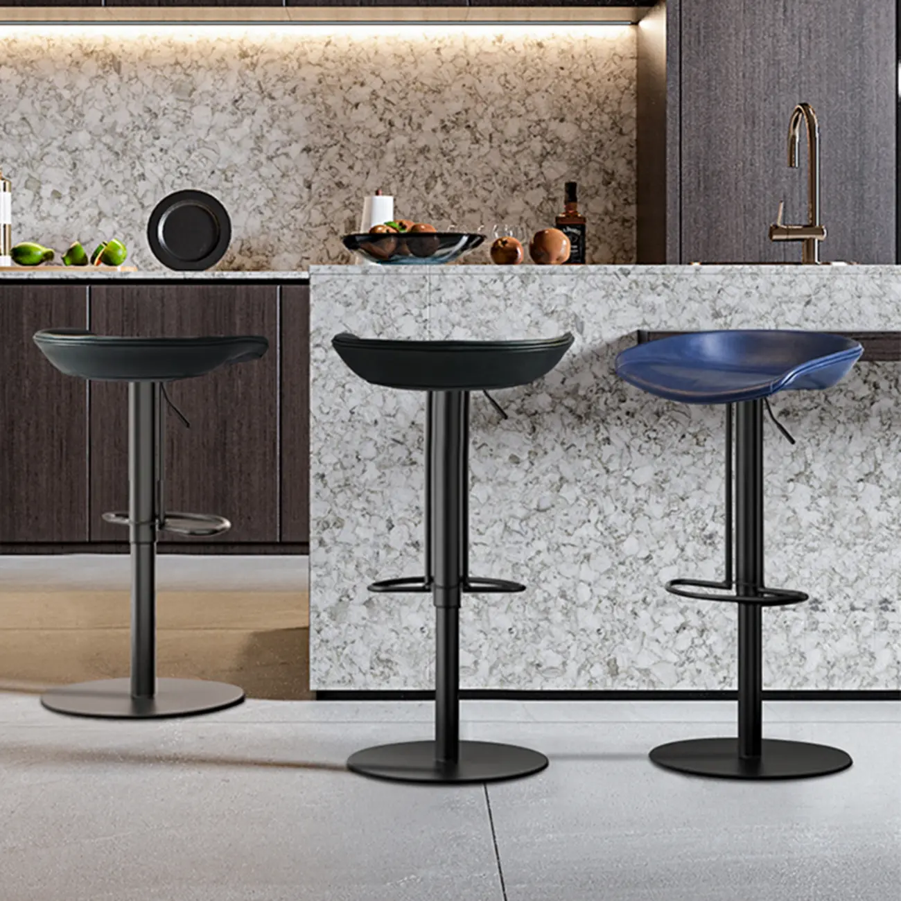 Adjustable Black Leather Saddle Swivel Bar Stools