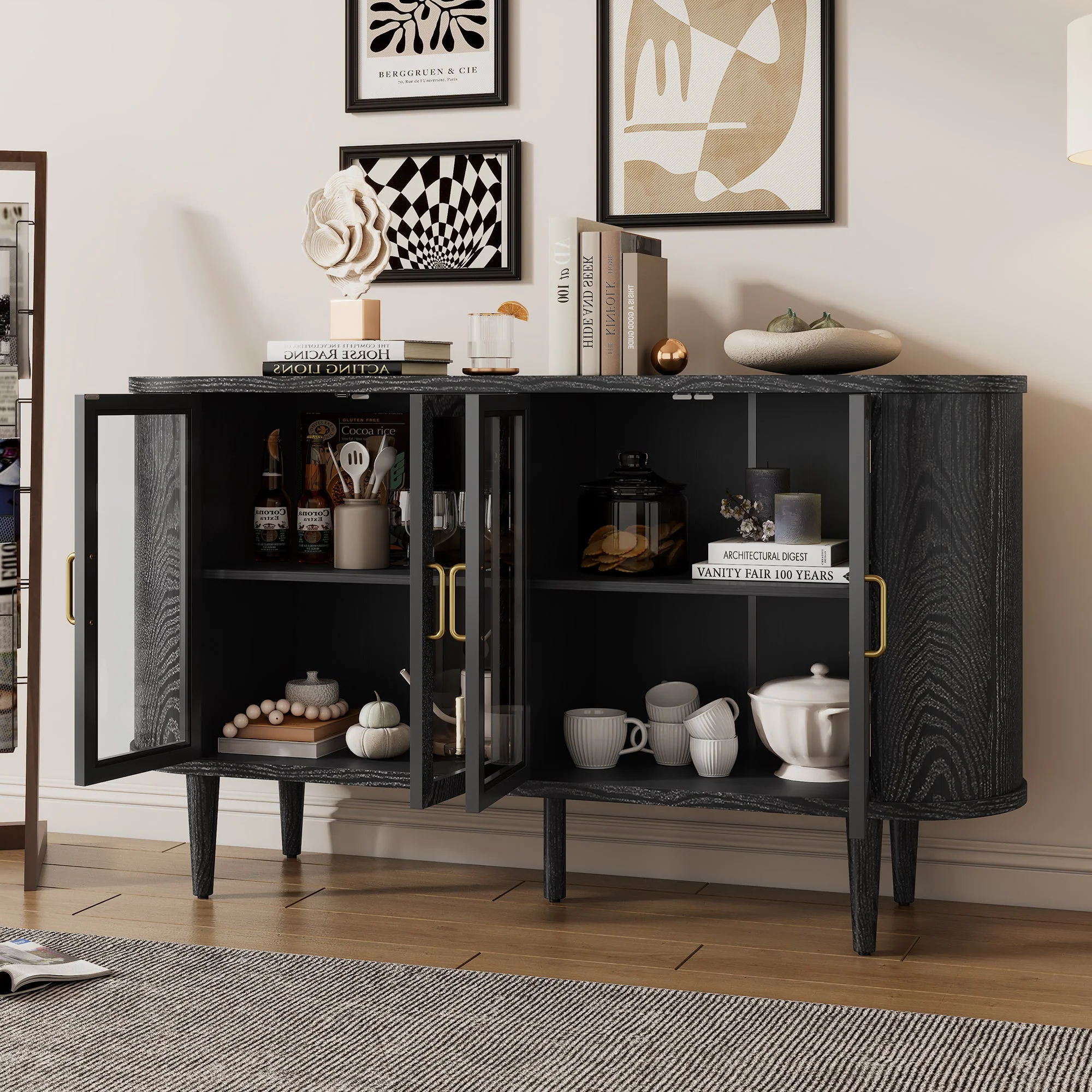 Modern Curve Buffet Sideboard Cabinet with Storage and Glass Doors