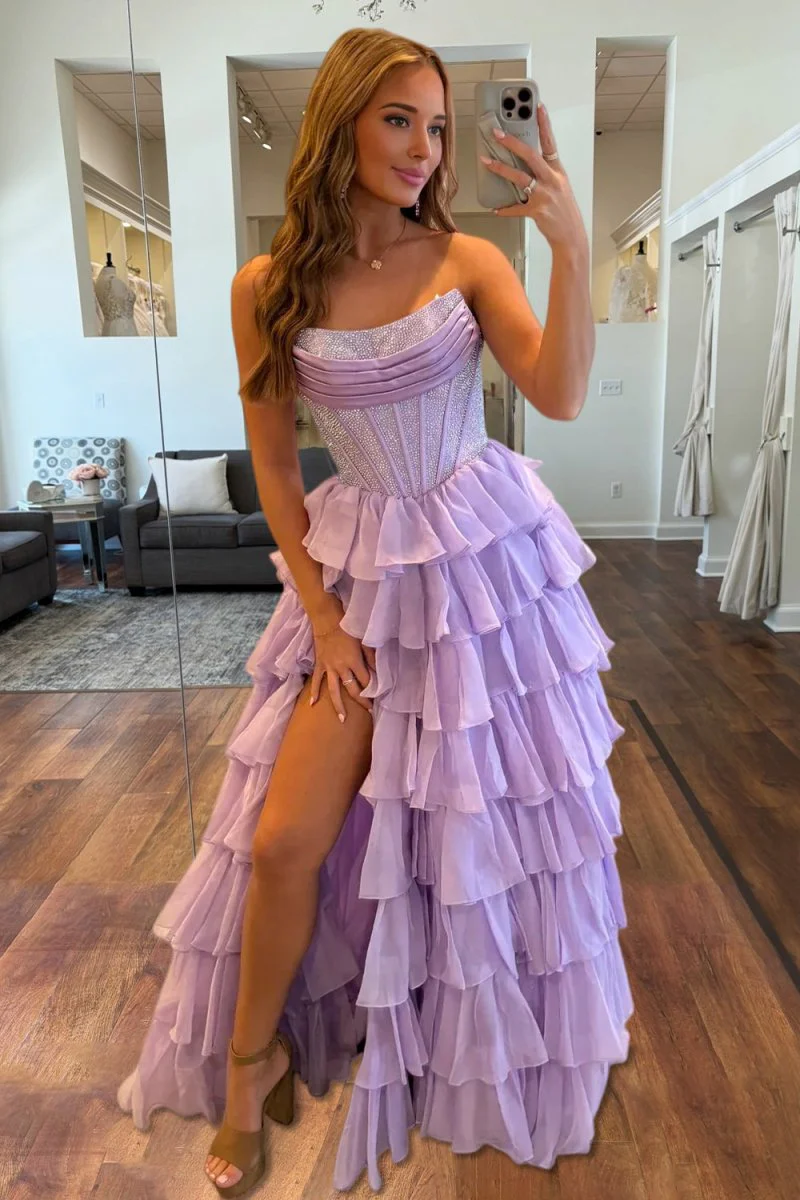 Lavender - A Line Strapless Chiffon Beaded Corset Long Prom Dress With Slit