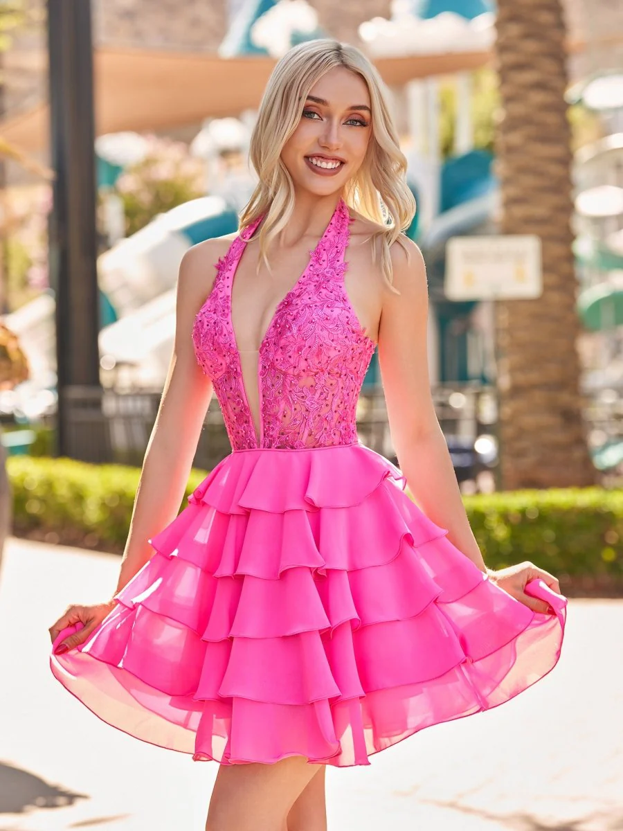 Hot Pink - Halter Lace and Chiffon Ruffle Homecoming Dress