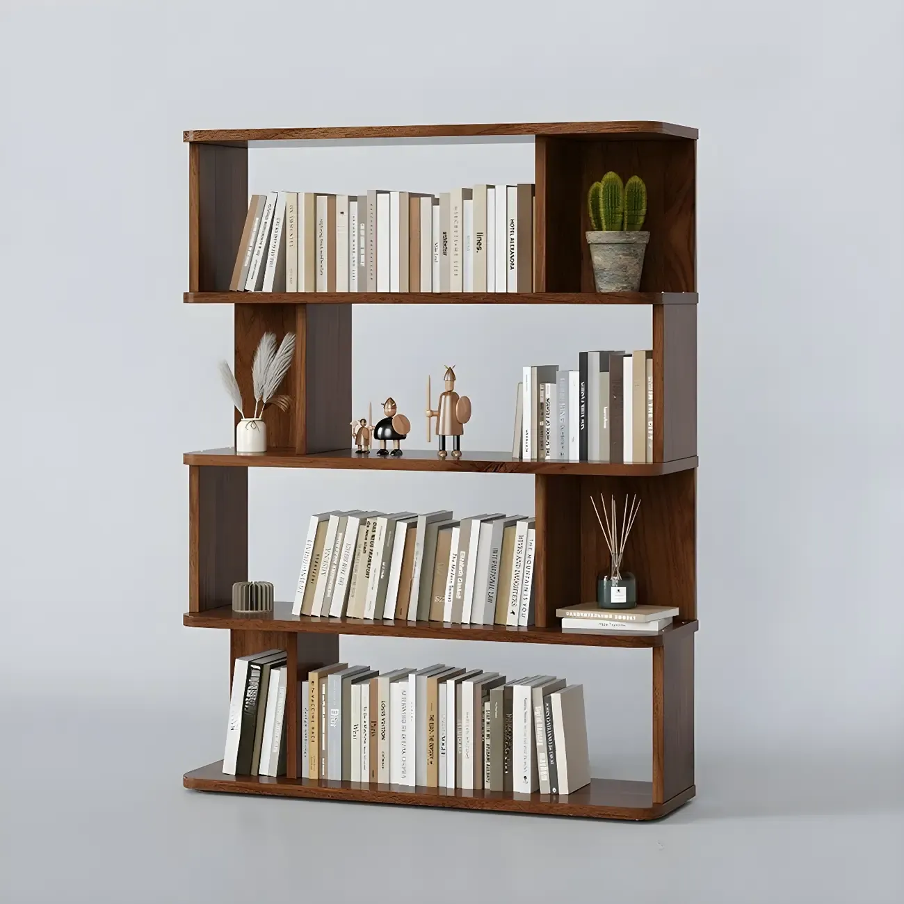 Tall Modern Walnut Open Back 6-Shelf Wood Bookcase
