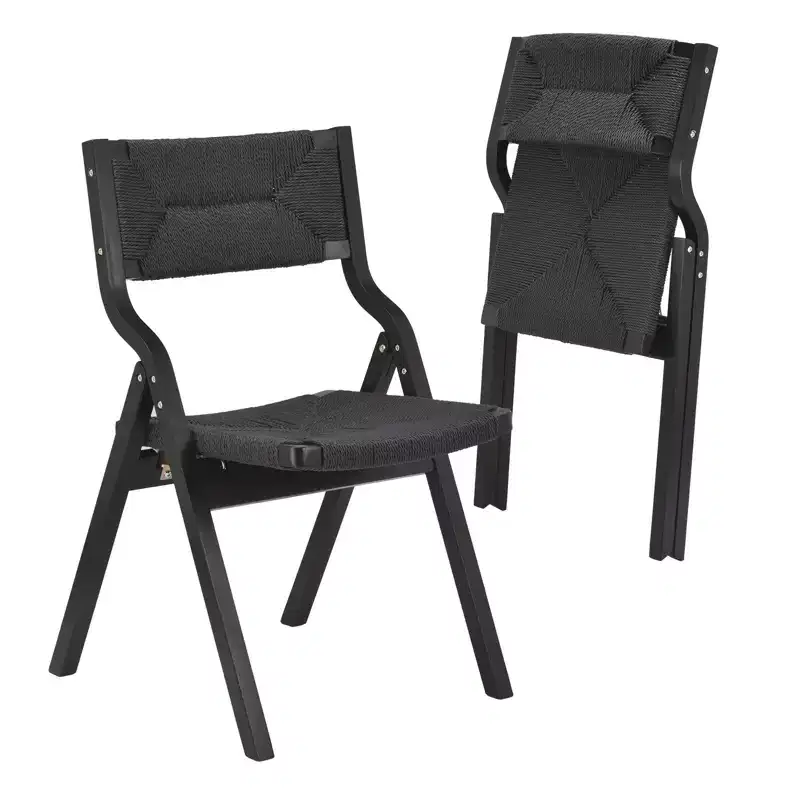Okak Wooden Dining Chairs Set of 2, Folding Dining Chairs with Woven Seat and Webbing Back, Stackable Dining Chairs for Dining Room