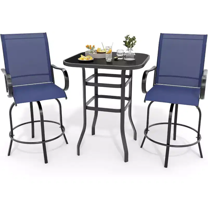 COZONY Patio Swivel Bar Set, Outdoor High Top Bar Table Swivel Chairs Glass Table All Weather Fabric for Patio