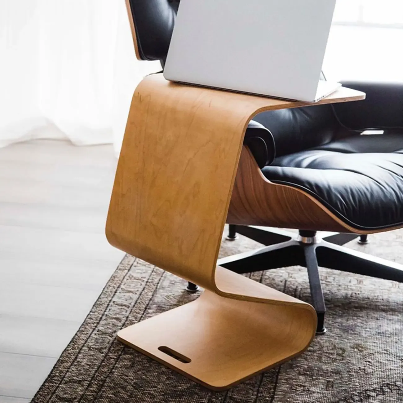 Convertible Wooden Nut-Brown C-Shaped Sofa Side Table