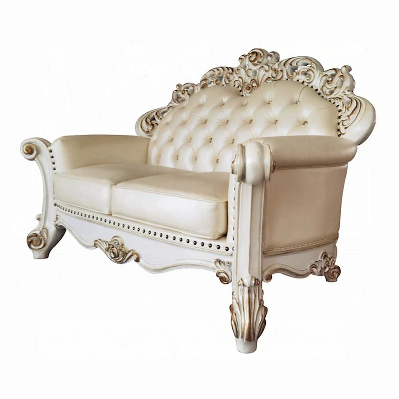 Antoine Loveseat, Carved, Champagne Faux Leather, Pearl White 70 Inch