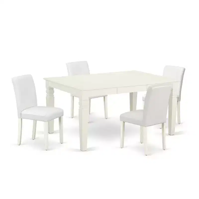 Kitchen Table Set 5pc Rectangle 42x60 Inch Dining Table w/ Chairs Linen White Legs