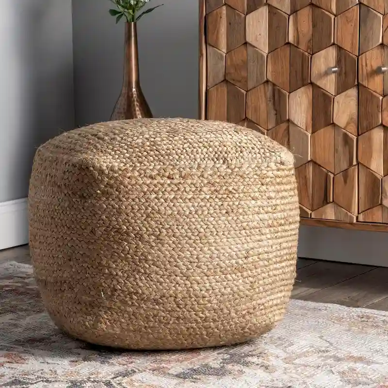 Nuloom Cork Braided Solid Jute Ottoman Pouf