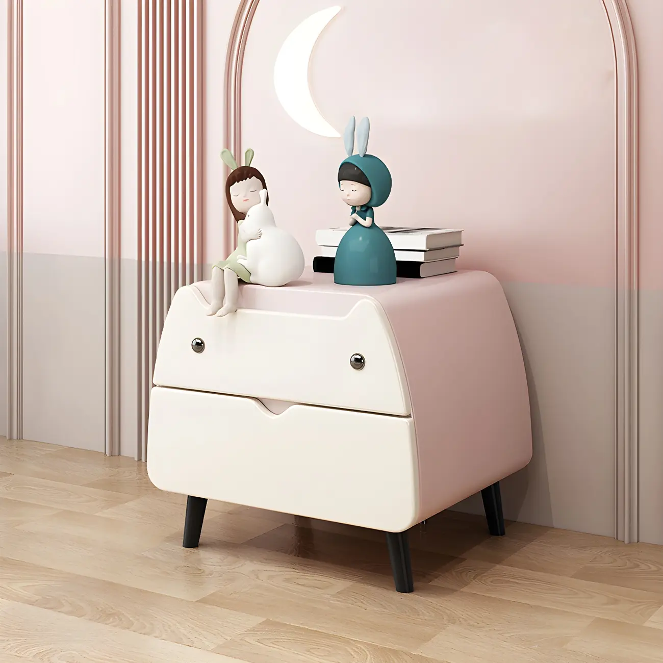 Pink Cute Cat Shape Scandinavian Nightstand with 2 Drawers