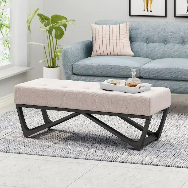 Tufted Fabric Ottoman Bench with Bentwood Legs