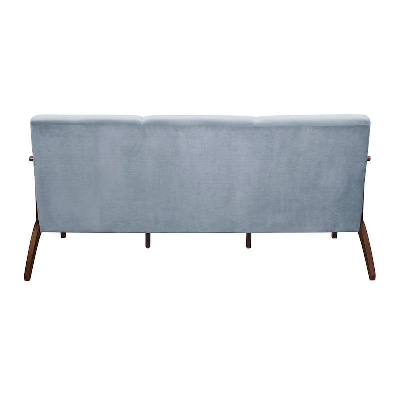 Rica 73 Inch Sofa, Soft Blue Gray Velvet, Walnut Brown Solid Rubberwood