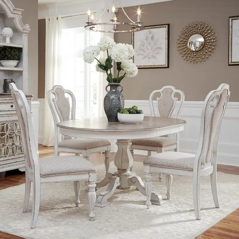 White Pedestal Dining Table with 4 Upholstered Chairs