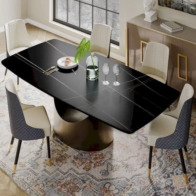 63-94 Hobart Modern Dining Table with Rectangular Sintered Stone Tabletop and Carbon Steel Leg for 4-10