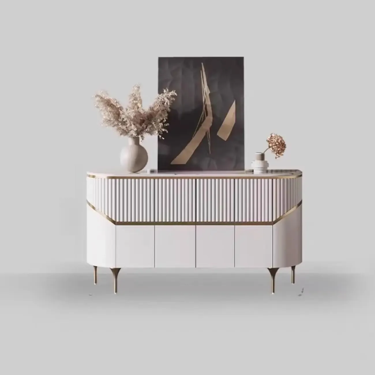 Modern White/Black Buffet Table with Cabinets