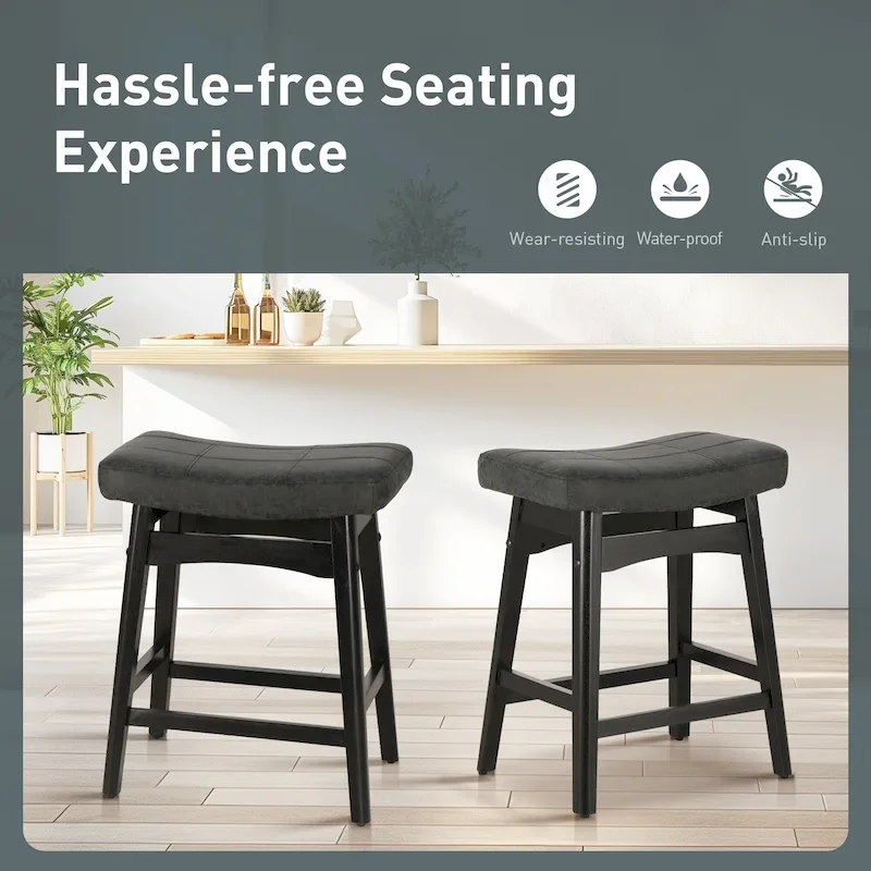 24 Inch Solid Wood Barstools with Linen / PU Leather Fabric Cushion, Set of 2