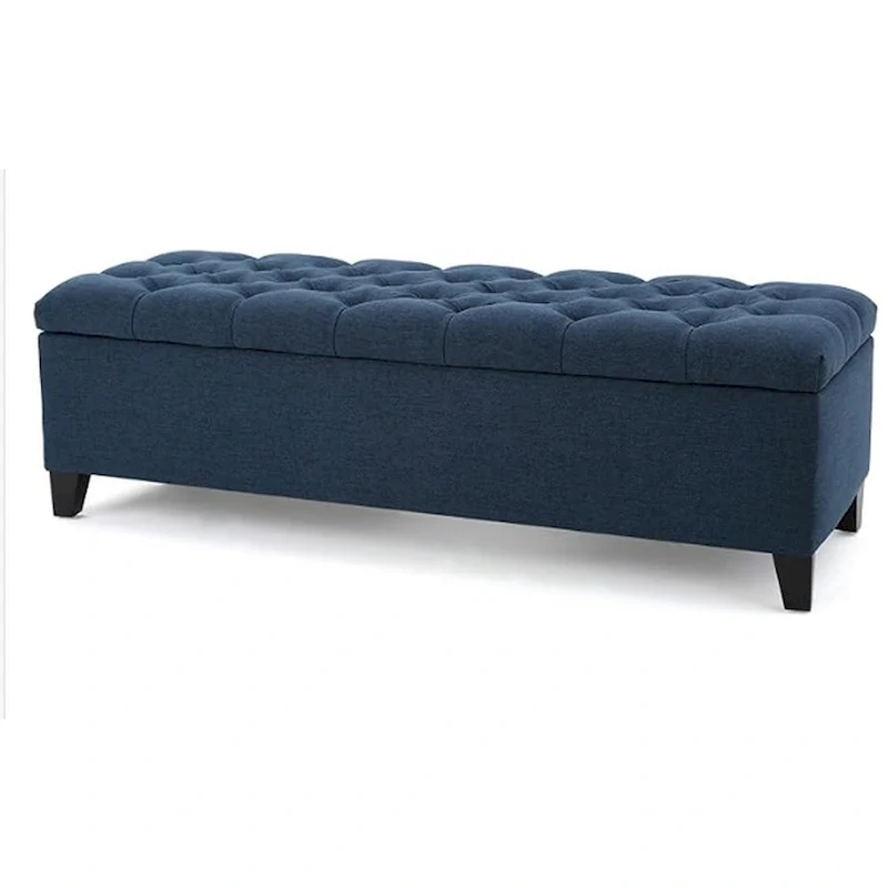 Navy Blue Velvet Button-Tufted Storage Bench with Pressure Hinge Lid