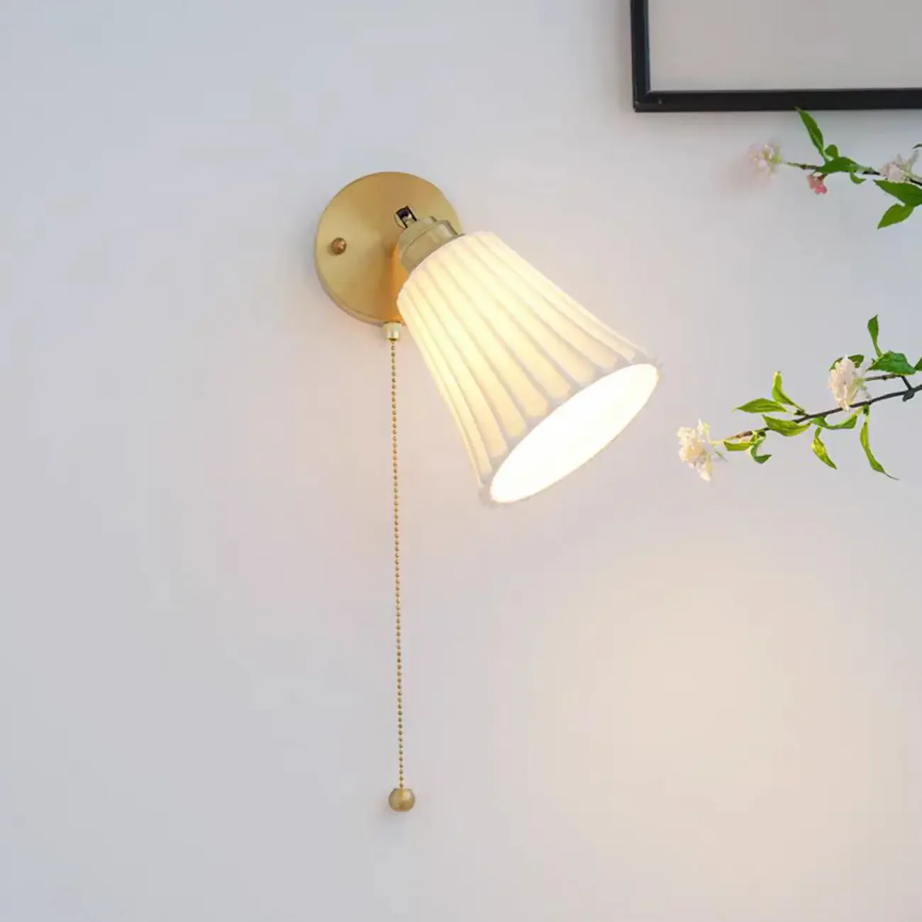 Modern White Wall Sconce with Ceramic Shade and Pull Chain