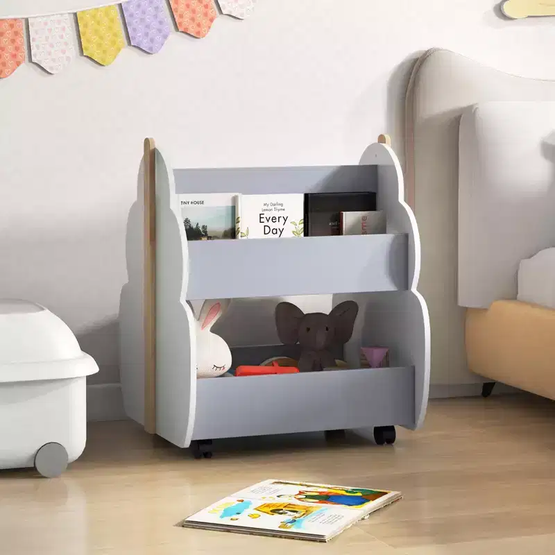 Costway Kids Wooden Bookshelf with Wheels 2-Tier Toy Storage Shelf Double-sided Bookcase Grey/Natural