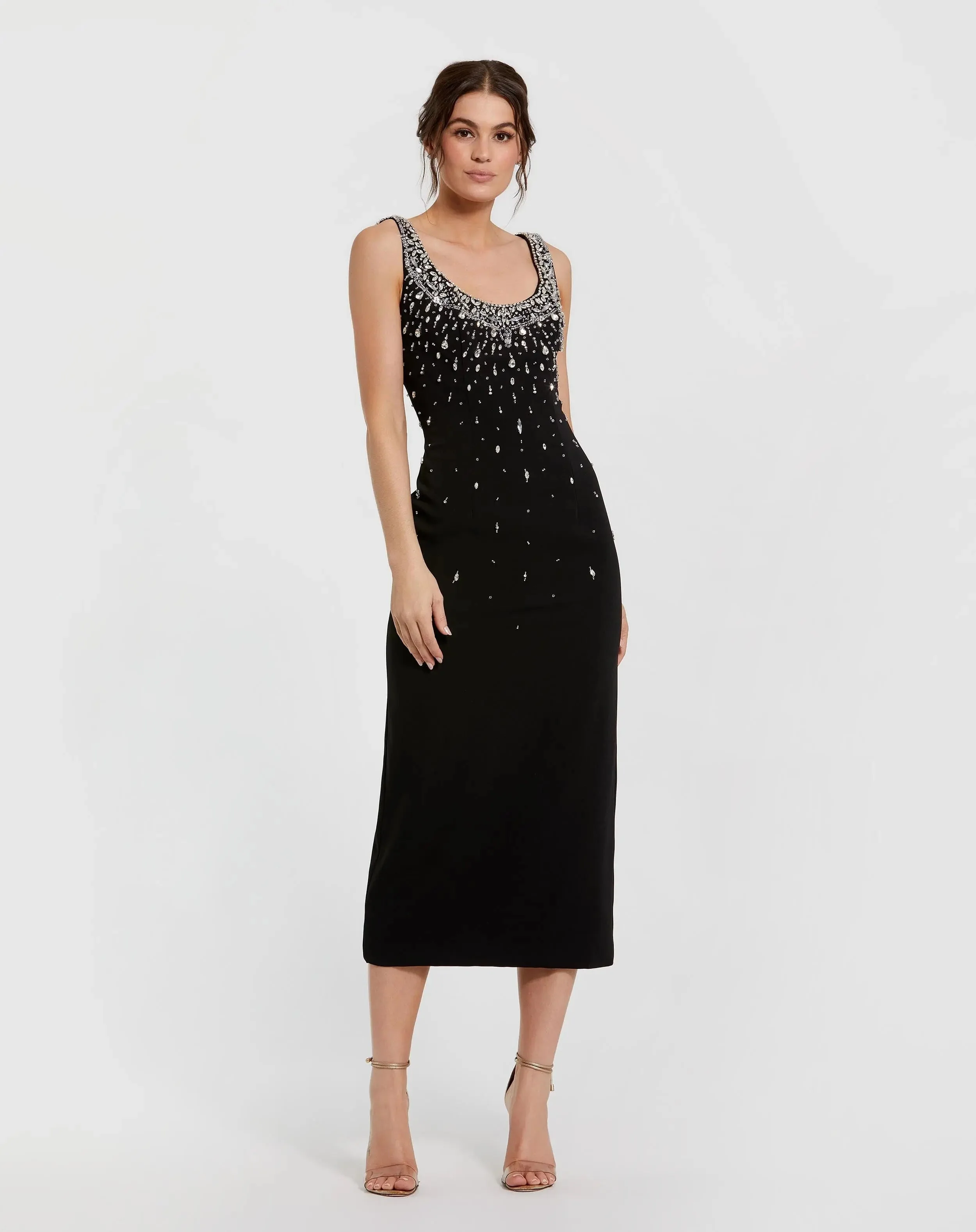 Black Beaded Crepe Scoop Neck Sleeveless Midi Dress