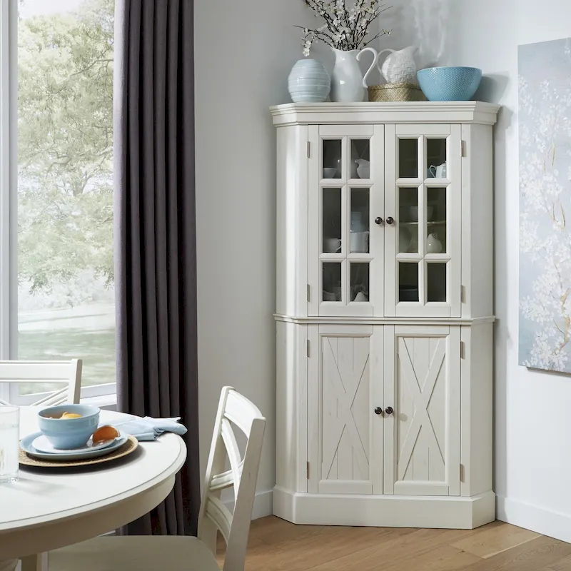Off-White Corner China Cabinet with Glass Doors
