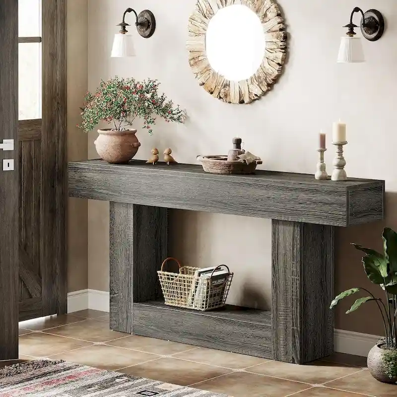 Farmhouse 2 Tiers Entryway Table, 63 Inches Console Table, Narrow Sofa Table