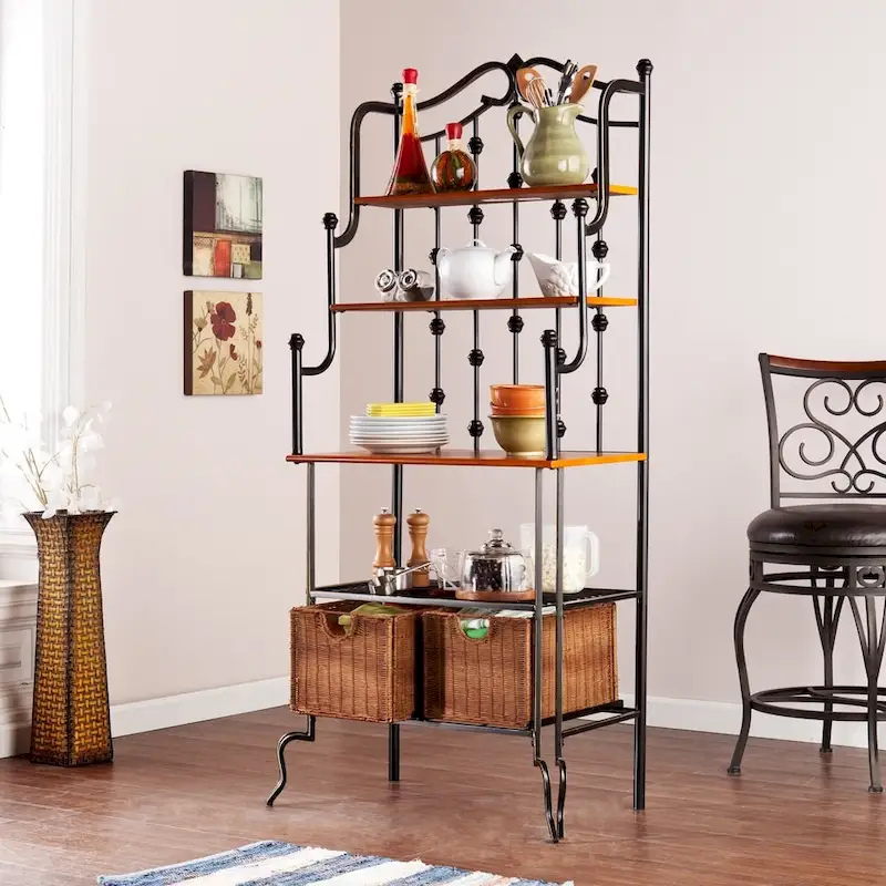 Black Baker's Rack with Rattan Baskets and Mission Oak Shelves
