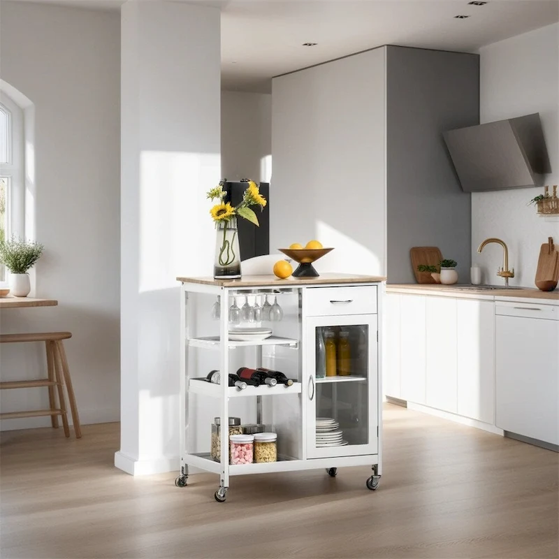 Rolling Wood Kitchen Island with Storage and Stemware Holder - N/A