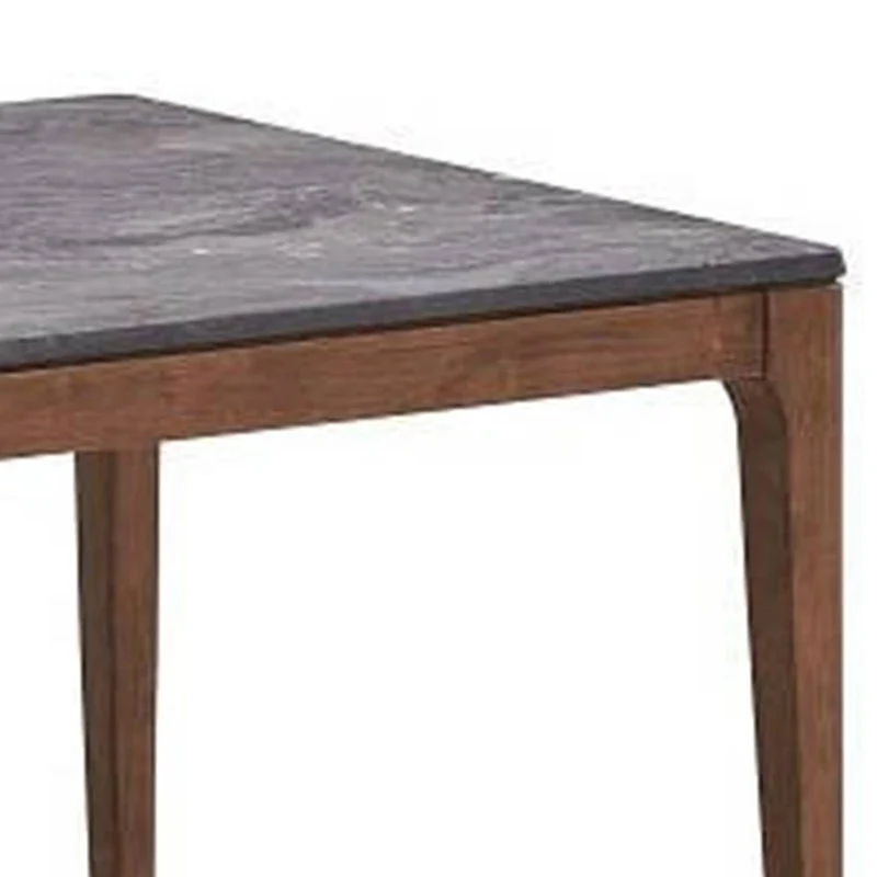 Evis 63 Inch Dining Table, Marble Grain Faux Stone Top, Walnut Brown Wood