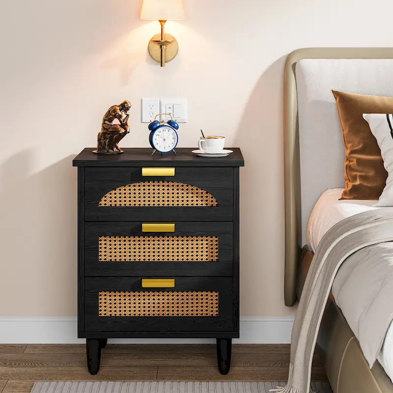 Wood and Rattan 3-Drawer Nightstand with Metal Handles