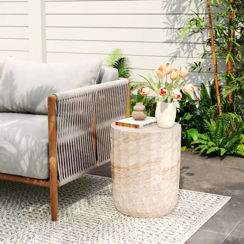 Christopher Knight Home Gillian Outdoor Cylinder Shape Travertine Lightweight Concrete Side Table