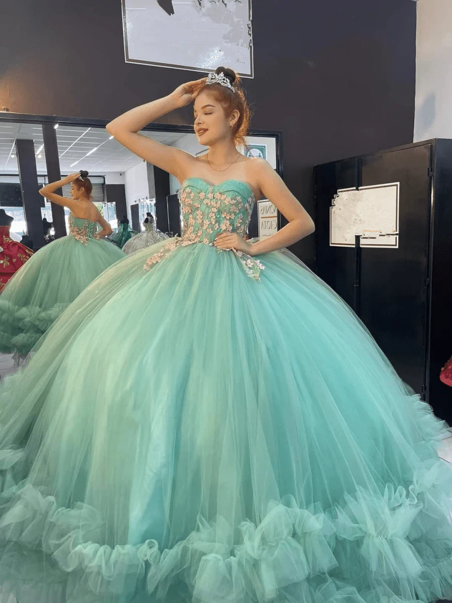 Sage Green Strapless Tulle Ball Gown Quinceanera Dress
