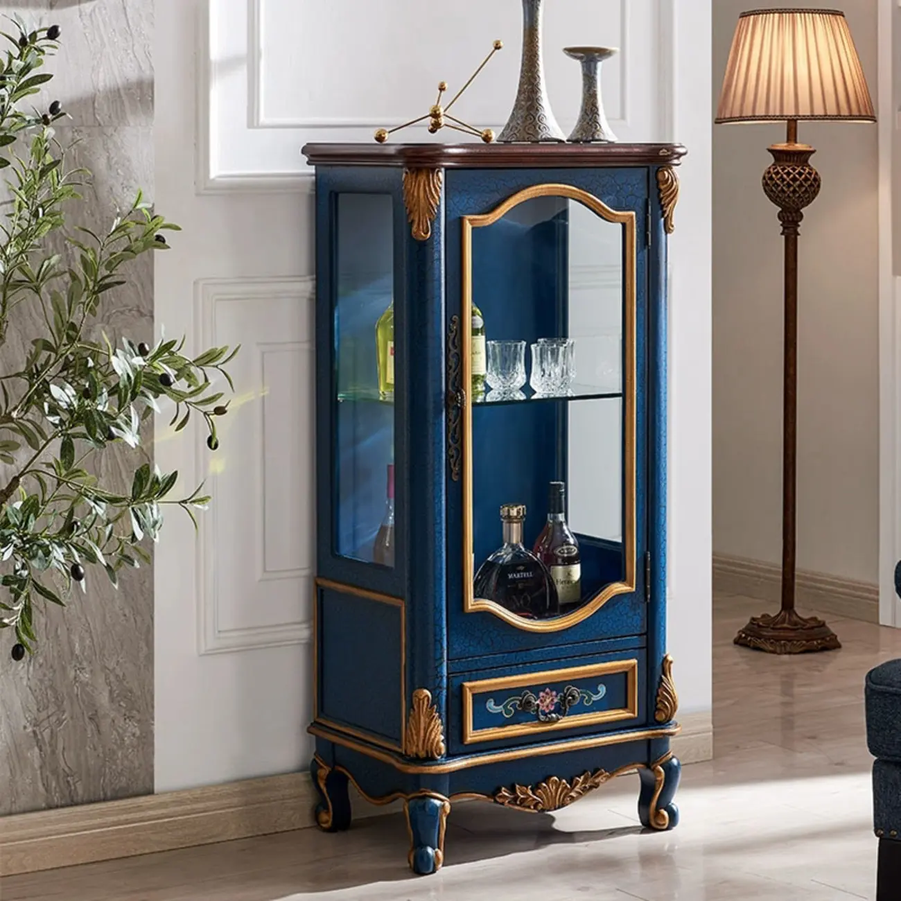 Traditional Tall Wood Blue Glass Shelf Display Cabinet