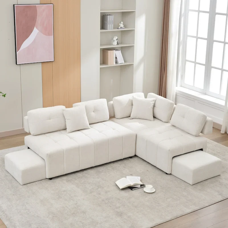 91.73  L-Shaped 4 Seater Sectional Sofa with 2 Hidden Stools, 2 Removable Lumbar Pillows, and Durable Chenille Upholstery