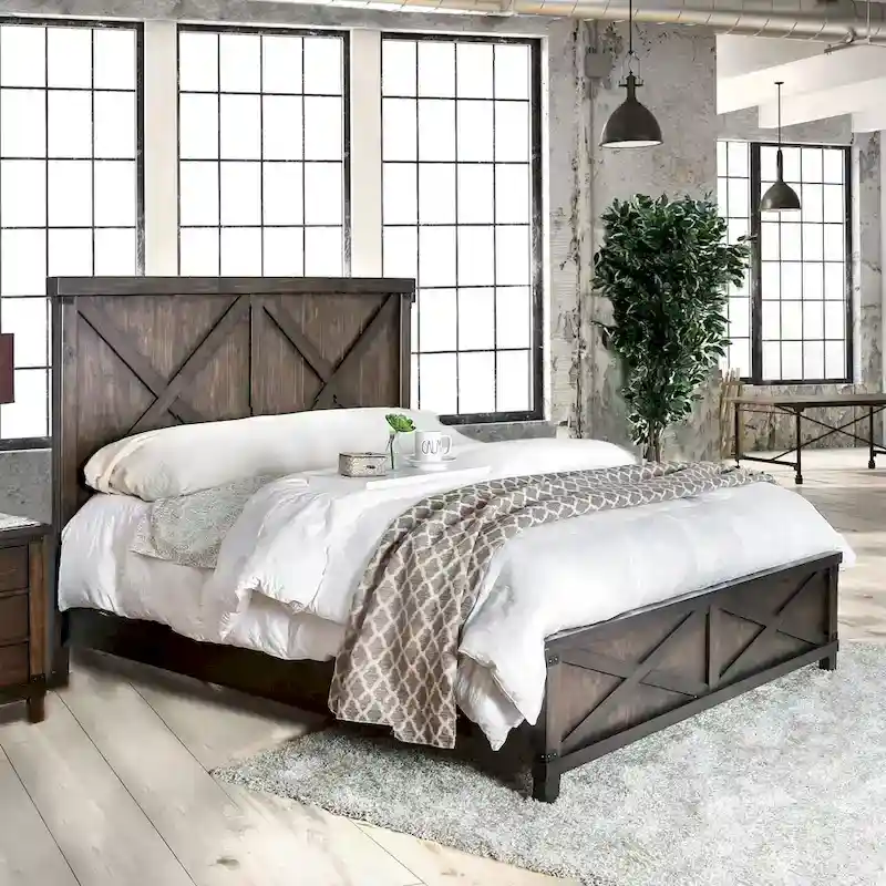 Epona Rustic Dark Walnut Wood 2-Piece Panel Bed and Nightstand Set by