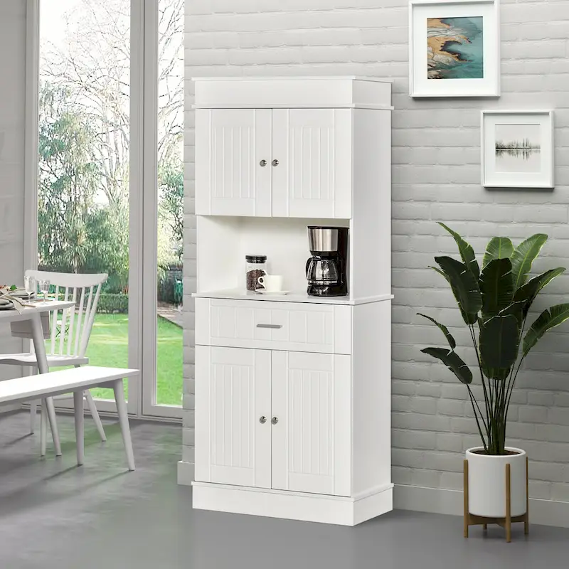 White/Grey/Brown Freestanding Kitchen Pantry Cabinet with Hutch, Utility Drawer & 2-Door Cabinet