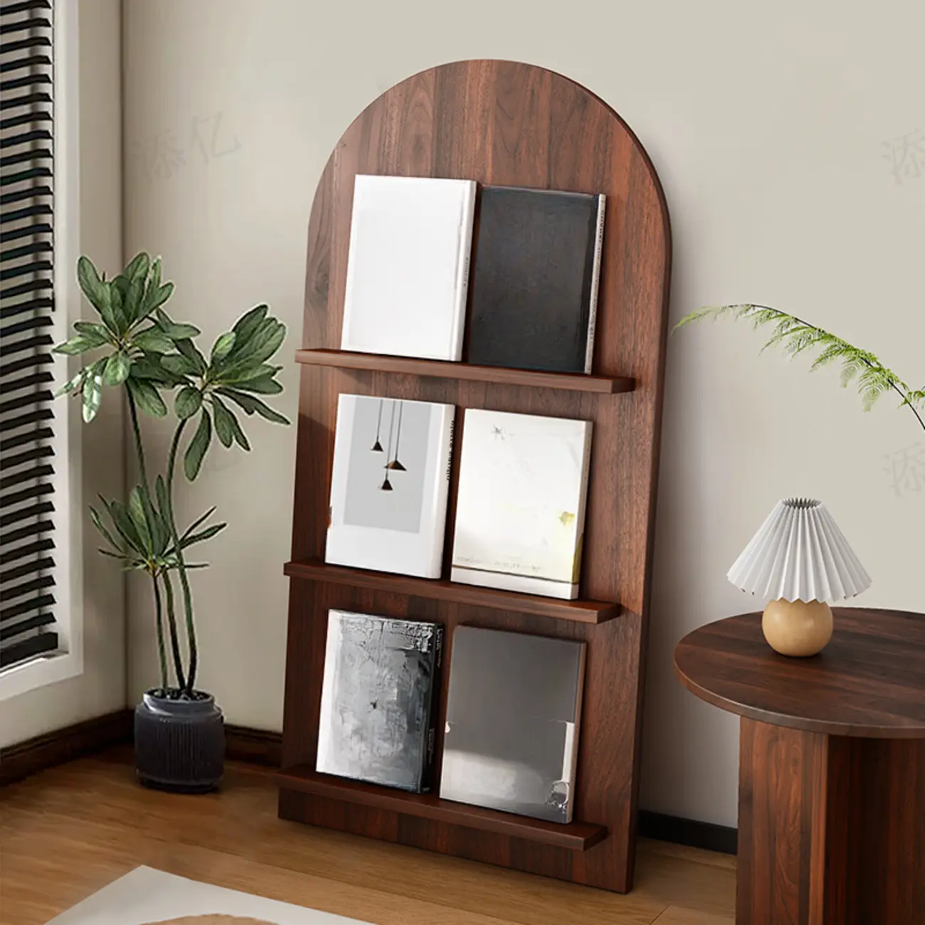 Shallow Simple 3-Shelf Ached Wood Bookcase with Closed Back