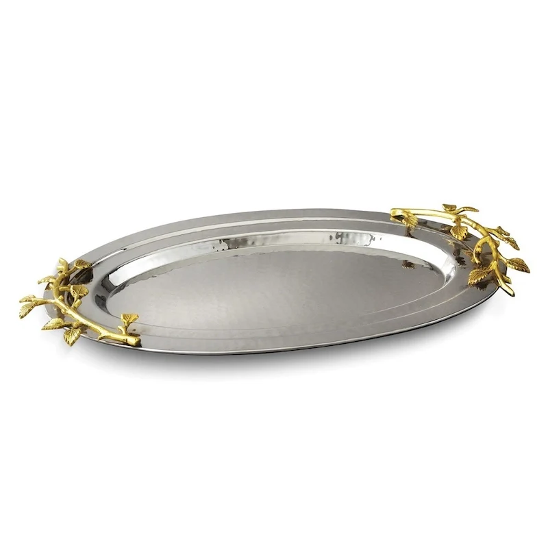 Curata Hammered Stainless Steel with Golden Vine Handles Oval Tray