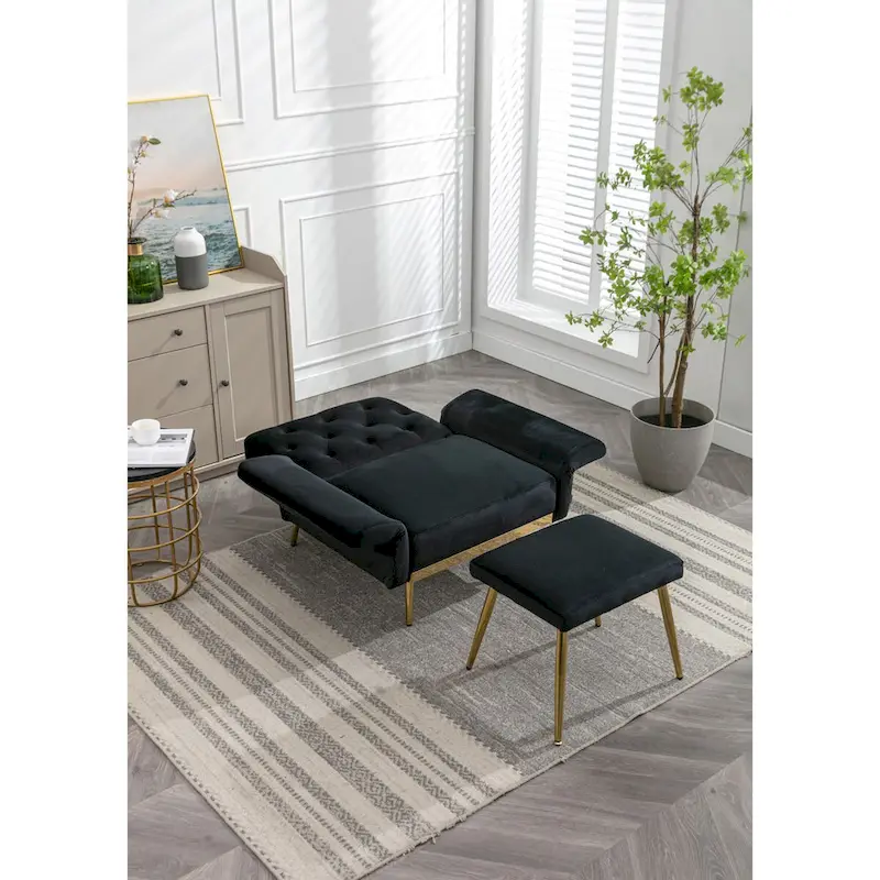 Velvet Accent Chair with Adjustable Armrests and Backrest, Button Tufted Lounge Chair, Single Recliner Armchair with Ottoman