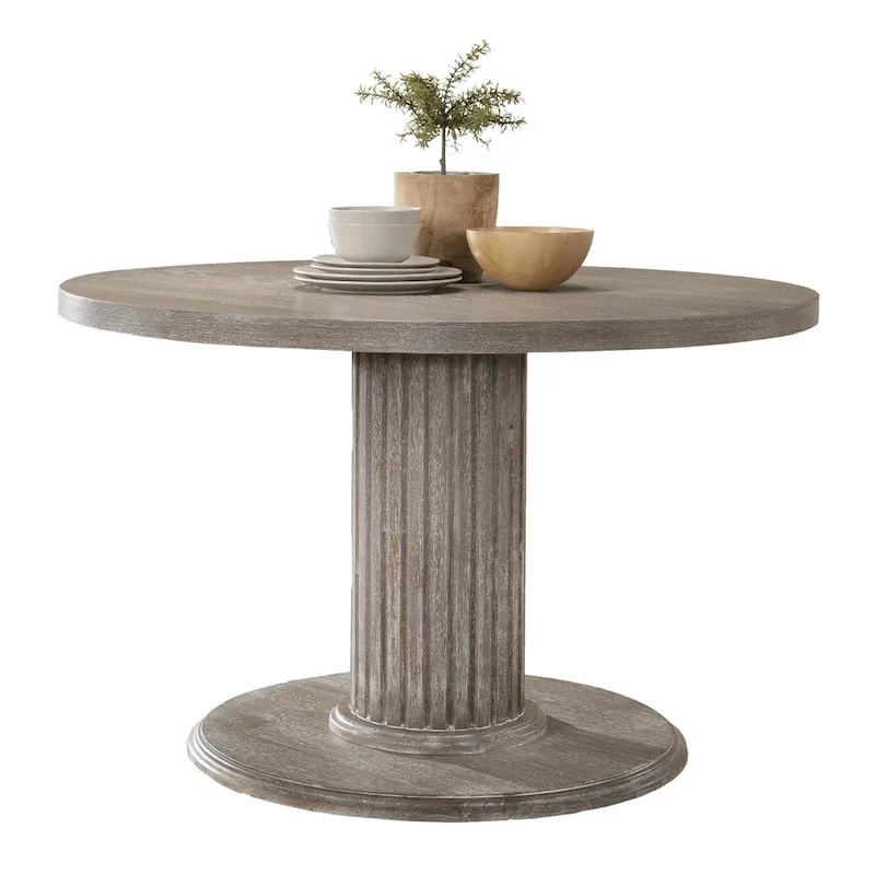 The Gray Barn Spring Mount Wood Pedestal Dining Table in Reclaimed Grey