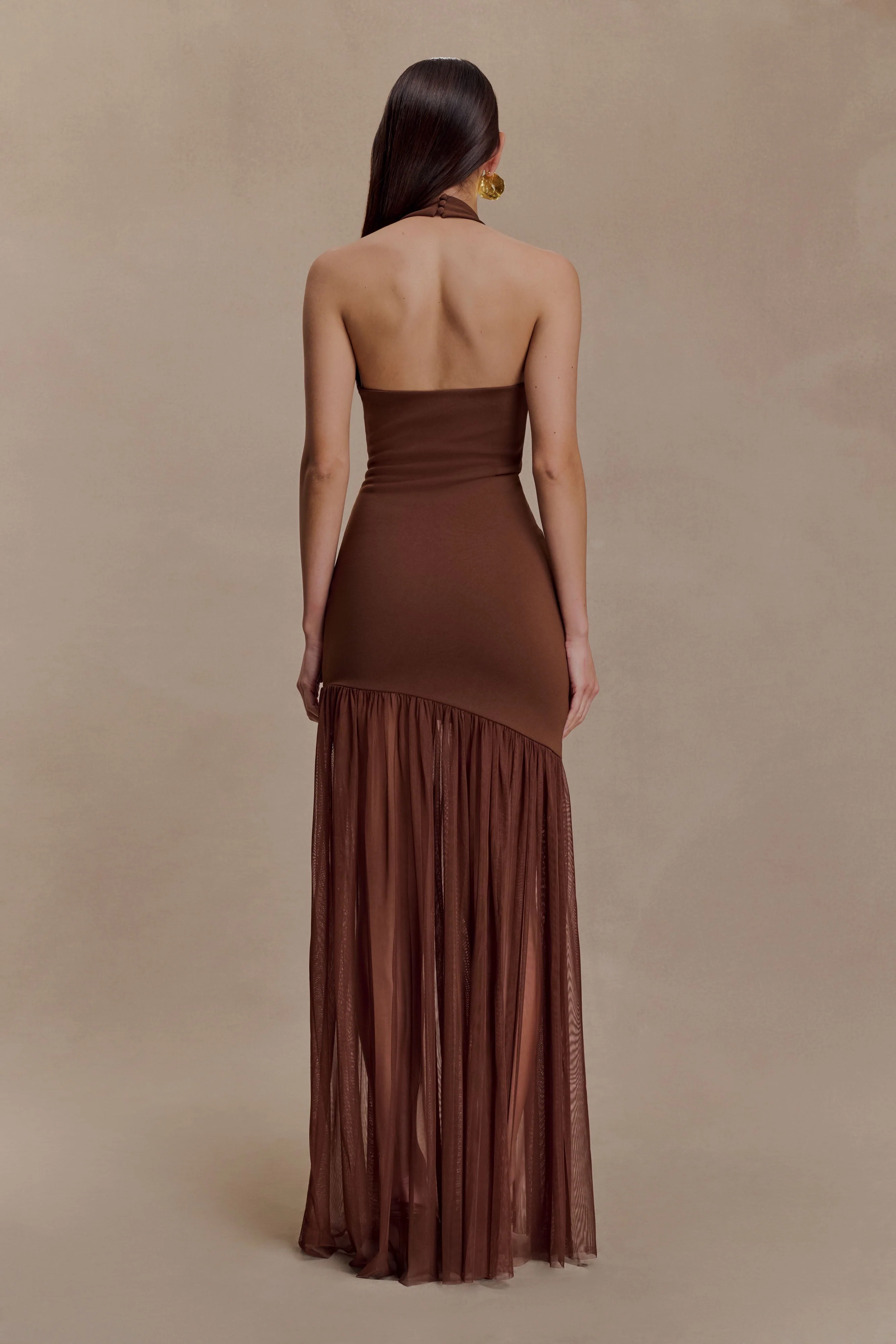 Aubree Crepe And Mesh Maxi Dress - Chocolate/Mocha