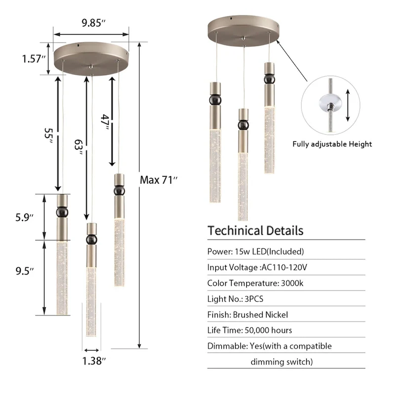 3-Light LED Crystal Pendant Light, Dimmable Ceiling Hanging Light Fixture