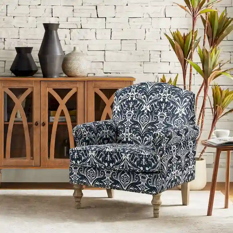 Grey/Navy Farmhouse Nailhead Camelback Armchair, 1-Person