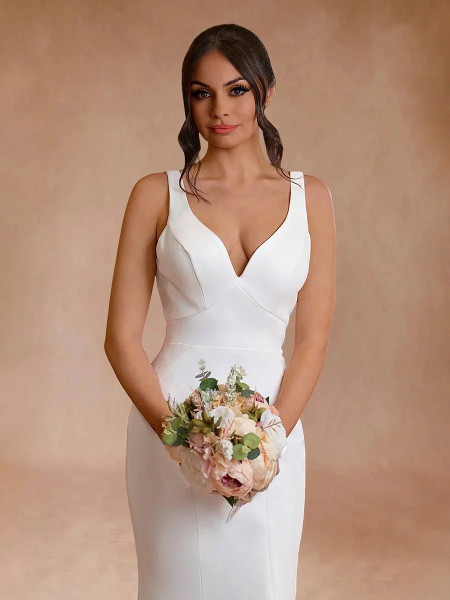 Simple Mermaid V Neck Satin White Wedding Dresses