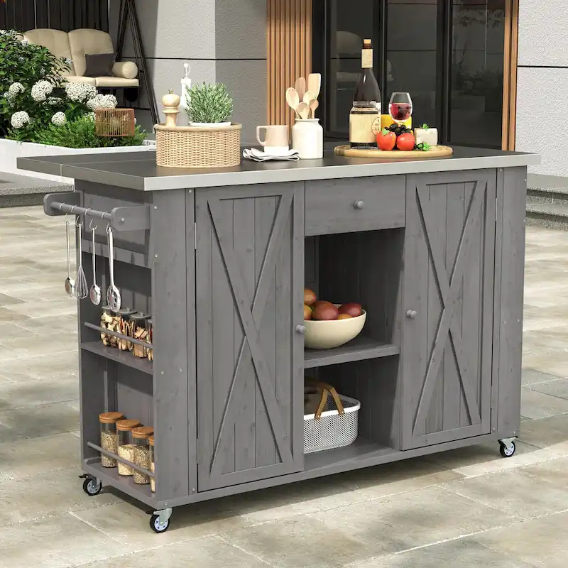 Natural / Grey / Black Wood & Stainless Steel Outdoor Kitchen Island Cart with Barn Doors, Drawer & Foldable Top – 1-Person Use