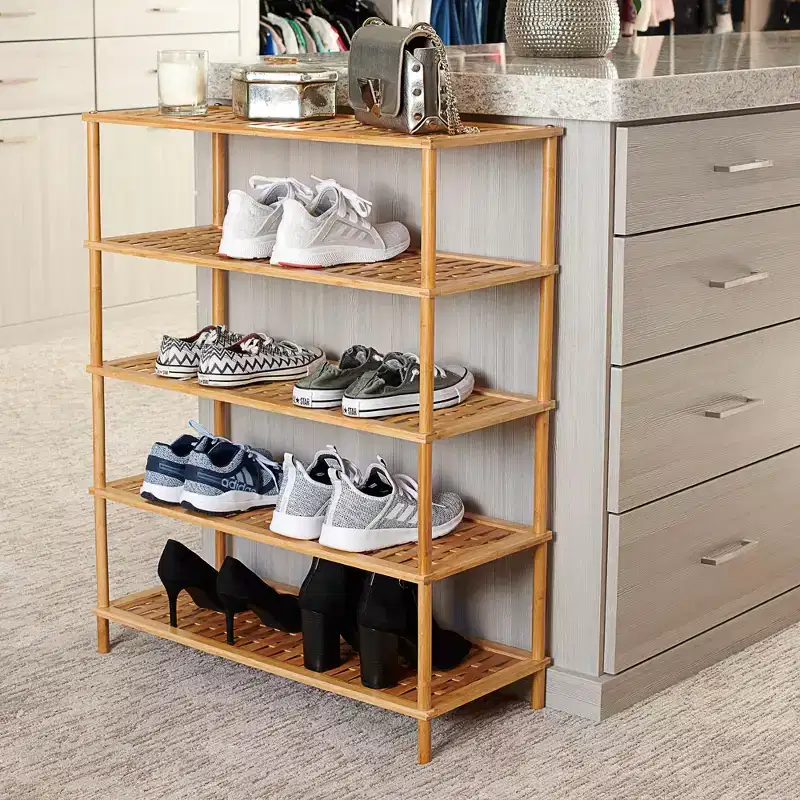 5 Tier Bamboo Shoe Rack, Lightweight Storage Shelf, Basket Weave for Better Airflow