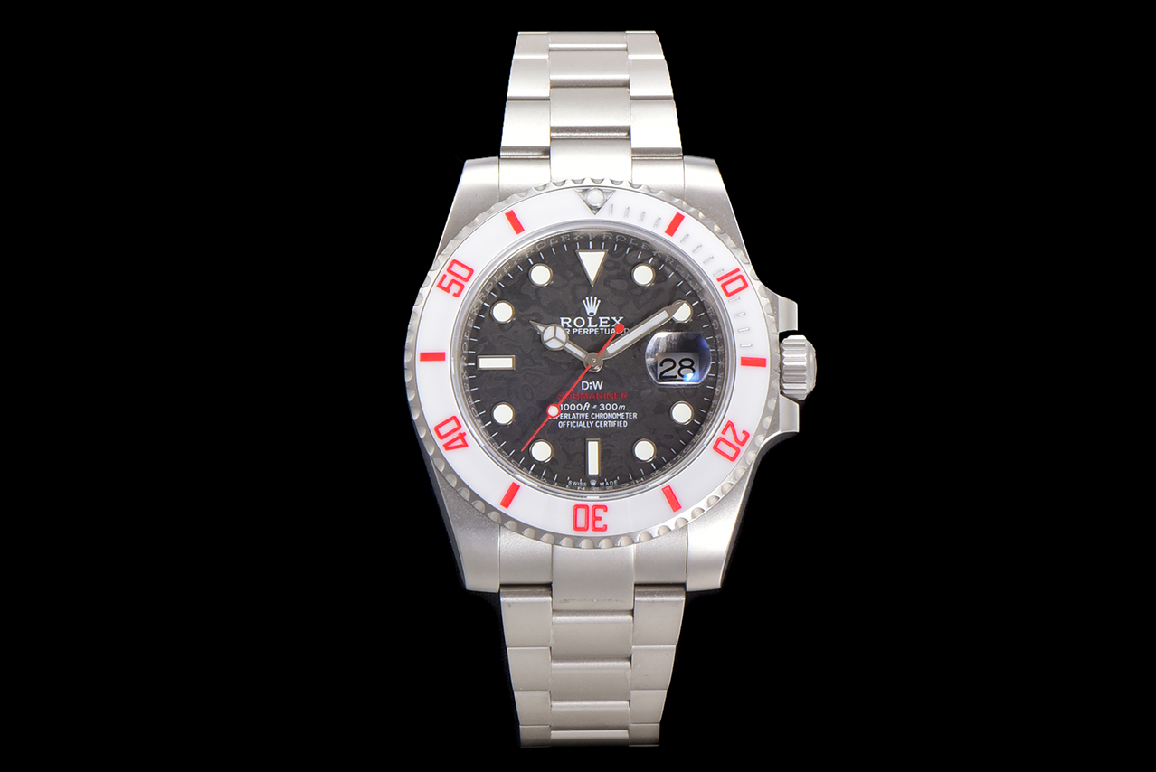 Front view of Rolex Submariner Date with white and red ceramic bezel, black textured dial, and polished stainless steel case and bracelet