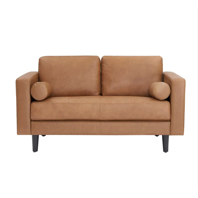 Luxury Cowhide Leather Loveseat with Firm Cushions, Spacious 2-Seat Design, and Bolster Pillows